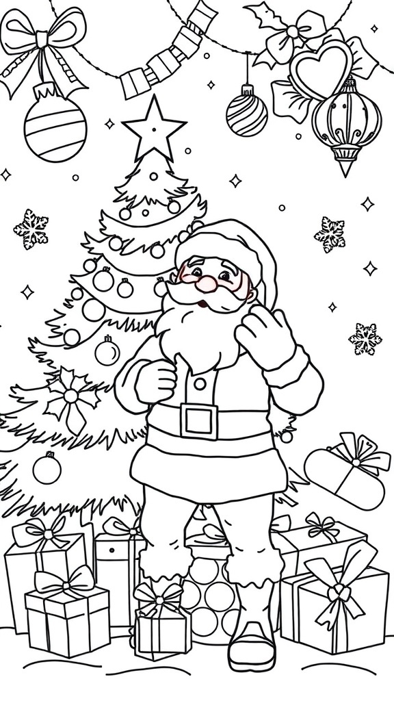 Christmas coloring page with Santa, Christmas tree, and ornaments.